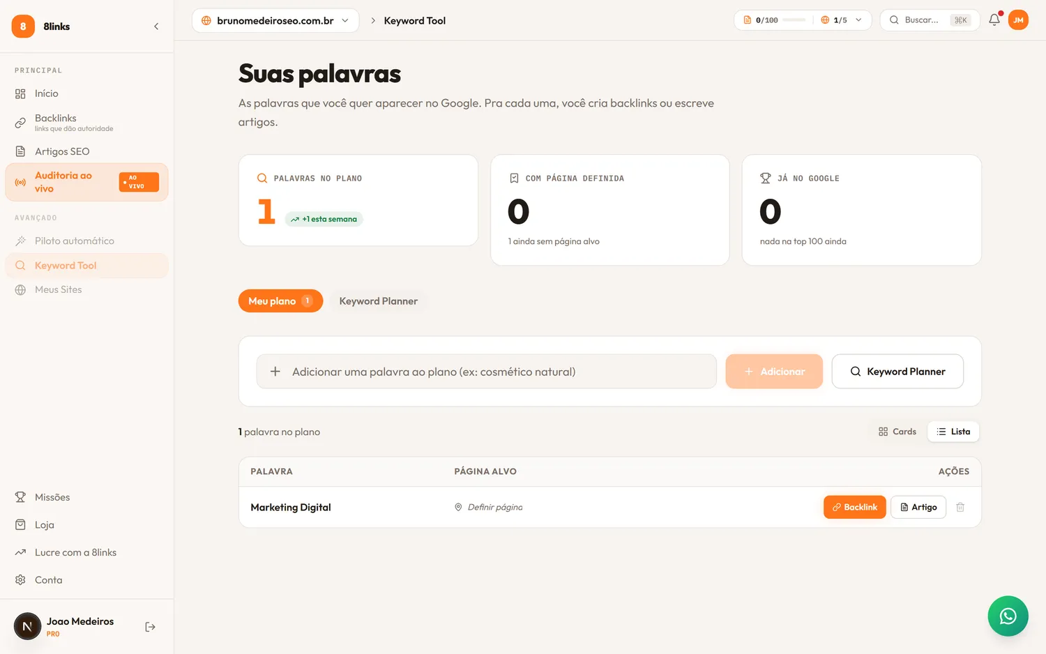 Keyword Tool do 8links: pesquise palavras-chave e mande o termo direto pro piloto com um clique